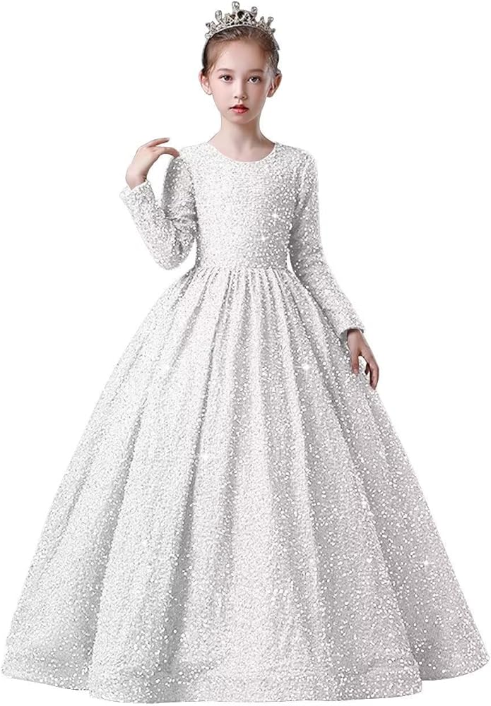 Long Sleeve Sequin Princess Pageant Dress for Girls Kids Sparkly Ball Gown Flower Girl Dresses for Wedding