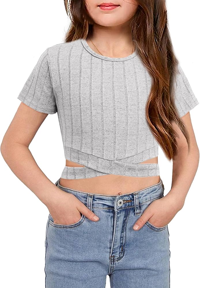 Arshiner Girls Crisscross Crop Tops Short Sleeve Summer Tween Crewneck Shirt Tee