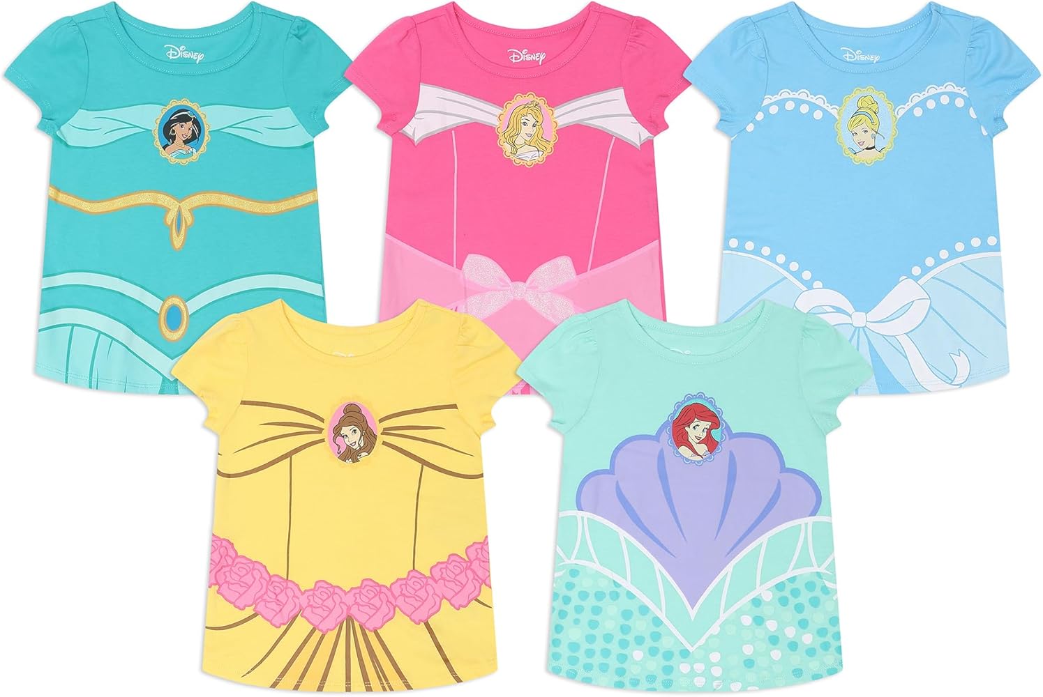 Disney Princess Girl's 5 Pack Short Sleeves Tee Shirt Set, Fashionable Tees