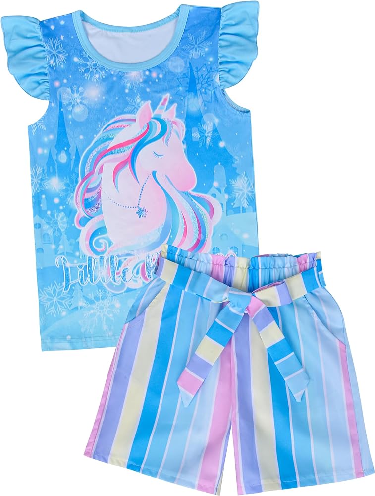 PASHOP Girls' Summer Outfit Set with Ruffled Unicorn/Mermaid Girls T-Shirt, Girls Shorts Set with Elastic Waistband Shorts