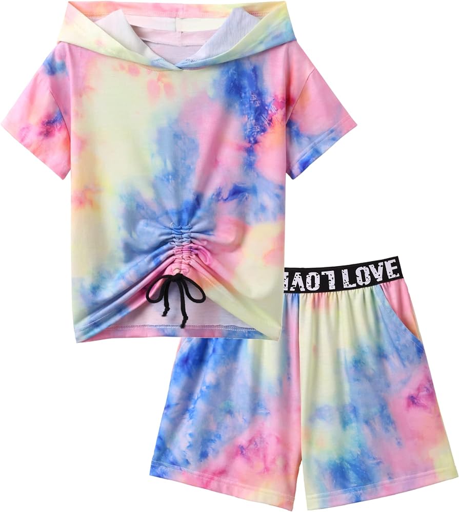 Hopeac Girls 2 Piece Outfits Tie Dye Shirt Shorts Set Short Sleeve Hoodie Drawstring Summer Clothes with Pockets