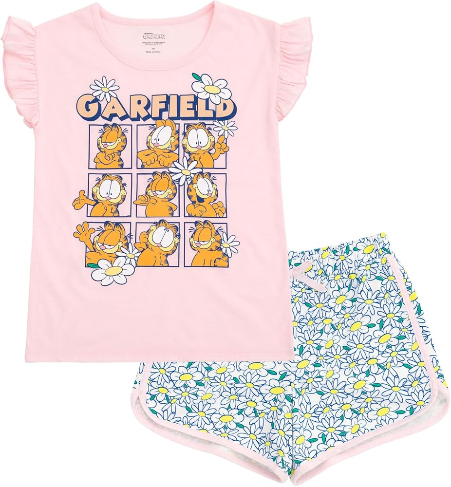 Garfield Girls T-Shirt and French Terry Dolphin Shorts Outfit Set Toddler to Big Kid Sizes (2T - 14-16)