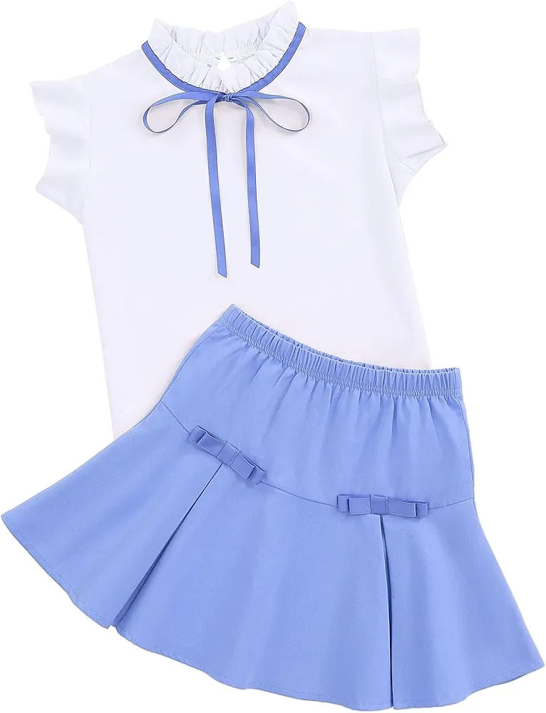 Girl's Skirt Sets Summer Clothes Ruffle Sleeve Tops Bow Frilled Neck Solid White Shirts Blue Mini Skirts 5-6Y