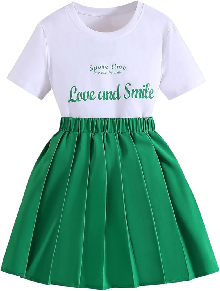 Floerns Girl's 2 Piece Outfit Summer T Shirt Pleated Hem Skirts Clothing Set