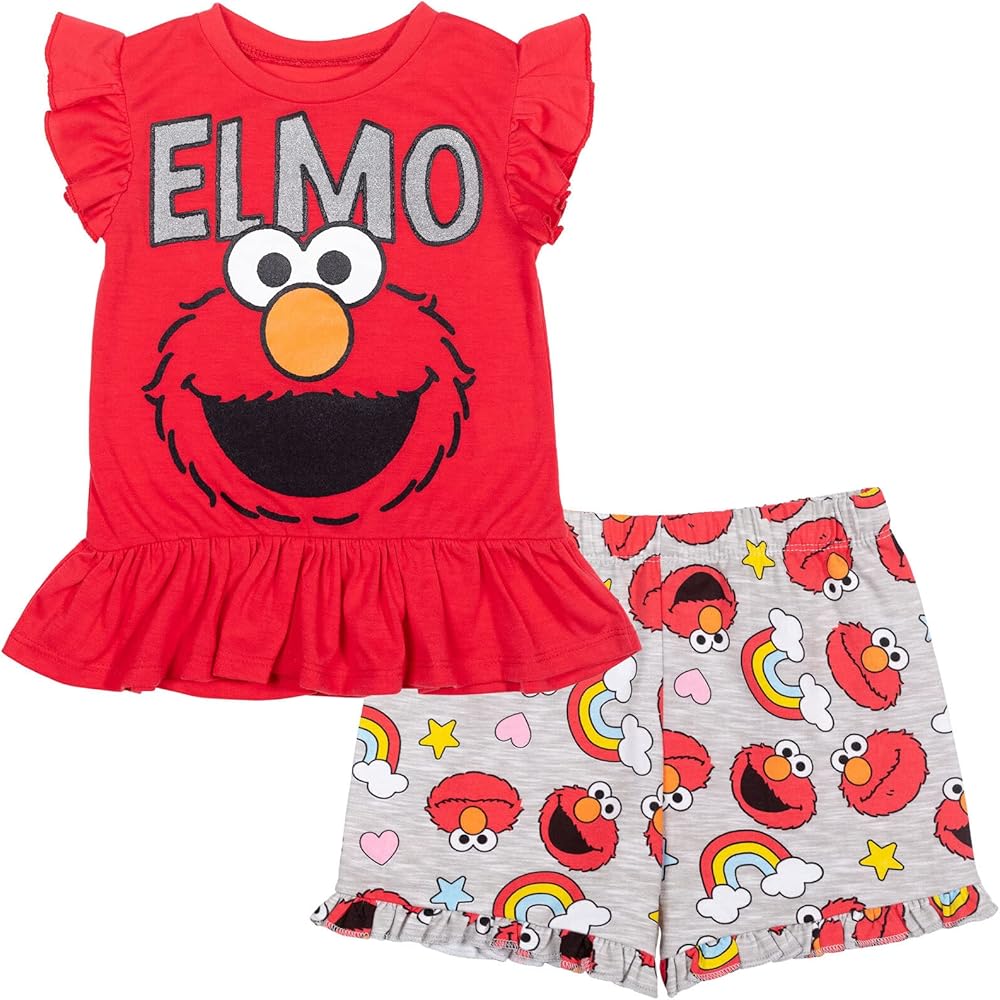 Sesame Street Elmo Baby Girls T-Shirt and French Terry Shorts Outfit Set Infant to Little Kid