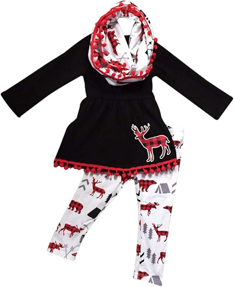 Little Girls 3 Pieces Set Christmas Deer Holiday Outfit Top Tunic Scarf Pant Set