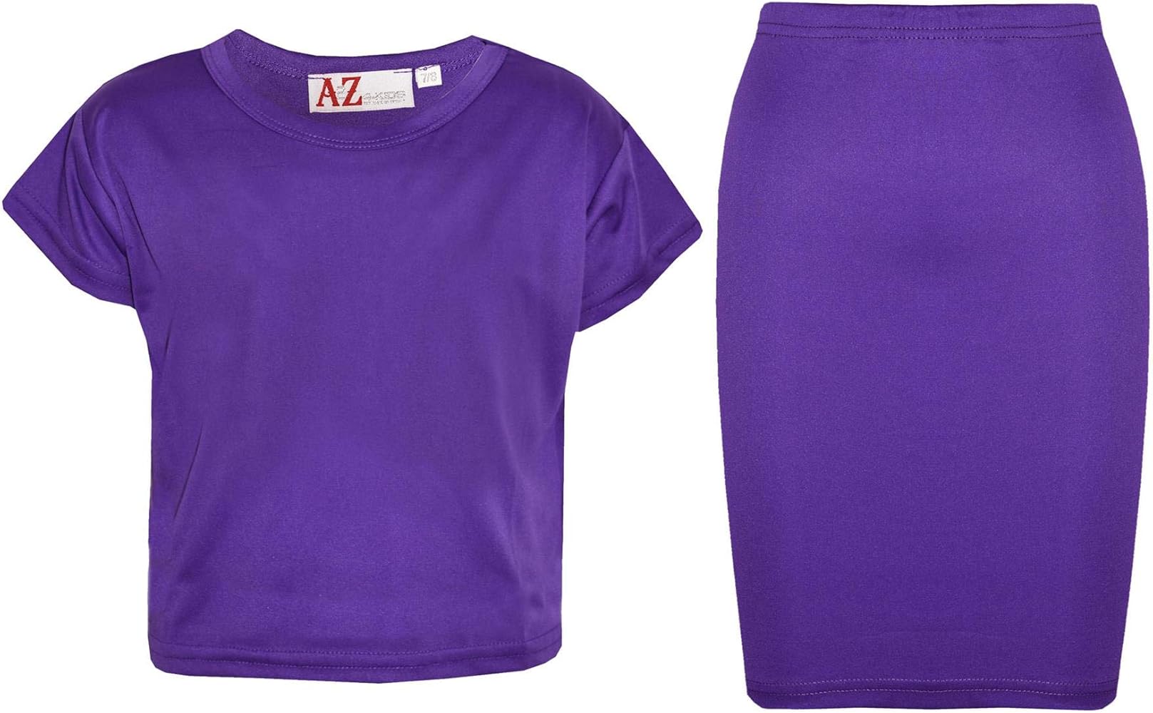 Kids Girls Plain Crop Top & Pencil Skirt Purple Two Piece Party Dress Outfit Set