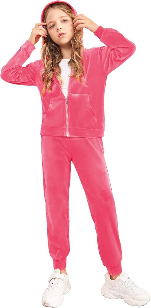 Arshiner 2 Piece Outfits for Girls Velour Tracksuit Hoodie and Jogger Set Sweatsuit Athletic Clothes Sets