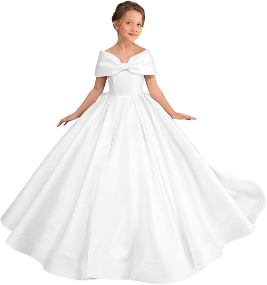 JISISANG Off Shoulder Flower Girl Dress for Wedding Kids Princess First Communion Formal Dresses Pageant Ball Gowns with Bow