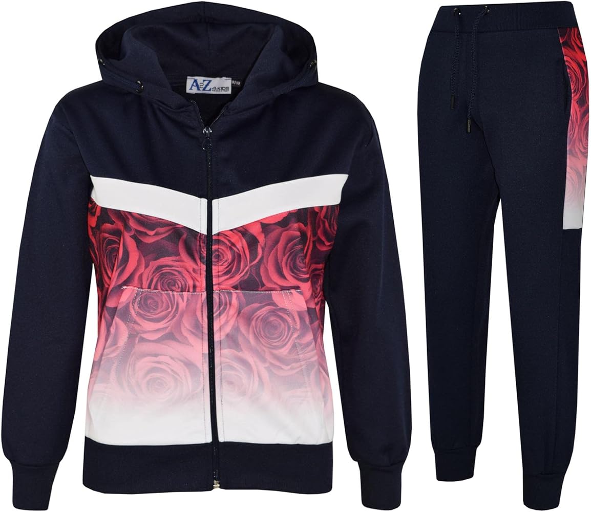 Kids Boys Girls Tracksuit 3D Red Roses Fade Two Tone Hooded Top Bottom Jog Suits