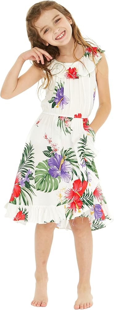 Girl Ruffle Wrap Hawaiian Luau Dress in Pretty Tropical Floral