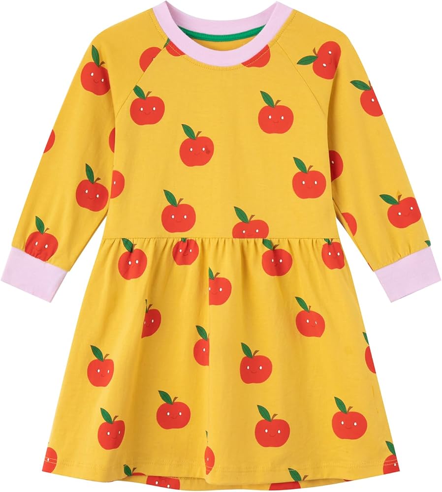 Toddler Girls Long Sleeve Dress Applique Cotton Casual Playwear Party Apples Tunic Dress 3-9Y