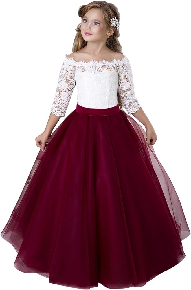 Flower Girl Dress Long Sleeve Kids Lace Pageant Party Christmas Ball Gown First Communion Dresses