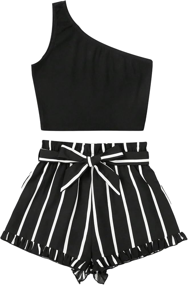 SHENHE Girl's 2 Piece Outfits One Shoulder Ribbed Crop Tank Top and Striped Belted Shorts Set