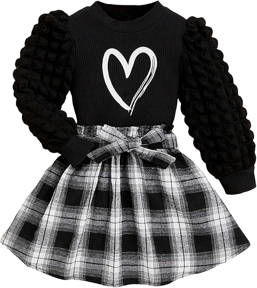 OYOANGLE Girl's 2 Piece Outfits Long Puff Sleeve Rib Knit Tee Top and Plaid Belted A Line Short Skirt Set