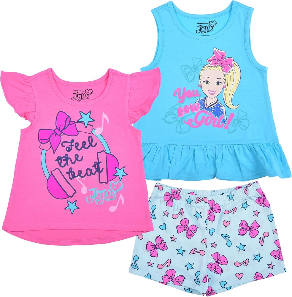 Nickelodeon Girl's 3 Pack Jojo Siwa Short Sleeves Tee, Sleeveless Shirt and Shorts Set