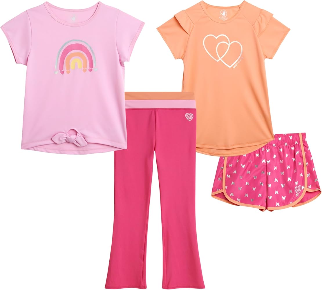 Body Glove Girls' Active Shorts Set - 4 Piece T-Shirt, Tank Top, Bike Shorts with Basic or Flare Active Leggings (7-12)