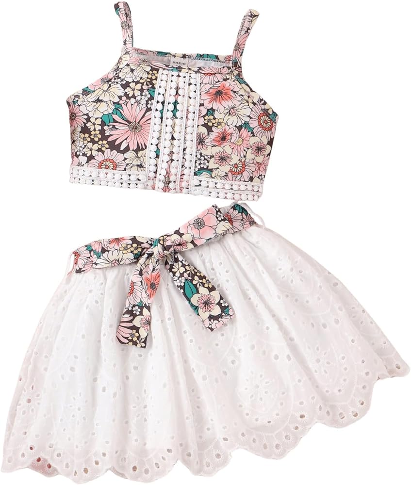 Toddler Girls 2 Piece Outfits Floral Spaghetti Straps Cami Crop Top and Belted Mini Skirt Sets