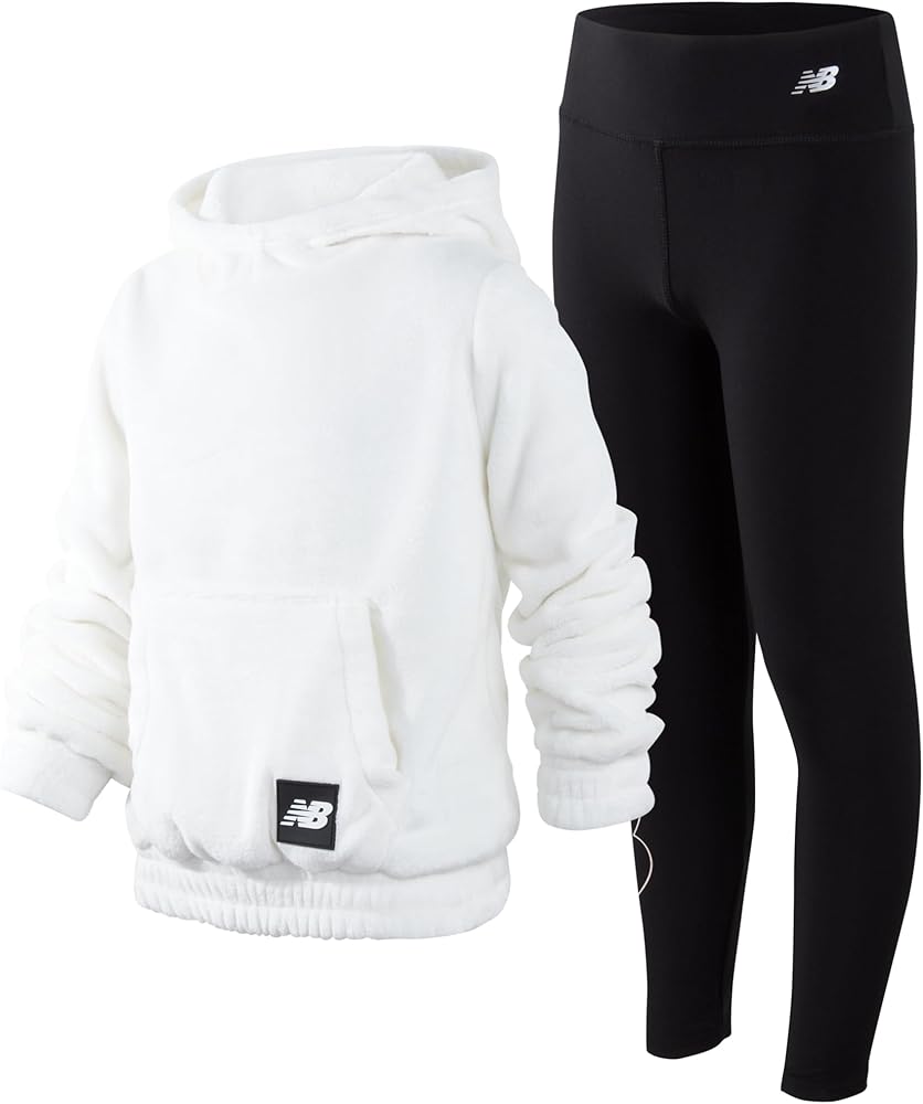 New Balance Girls' Leggings Set - 2 Piece Sherpa Hoodie and leggings Kids Clothing Set (Size 7-16), Size 10-12, SeasaltBlack