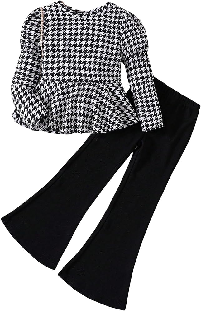 WDIRARA Girl's 2 Piece Outfits Houndstooth Long Sleeve Top and Flare Leg Pants Set