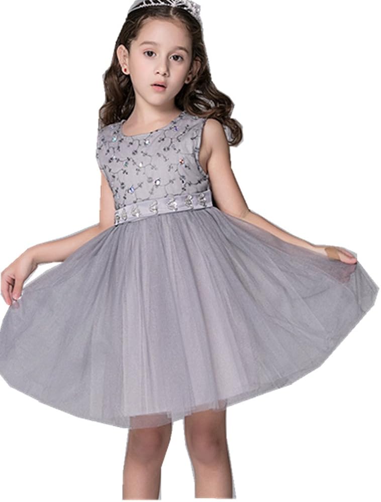 Sequin Glitter Round Neck Tulle Overlaid Little Flower Girls Dresses