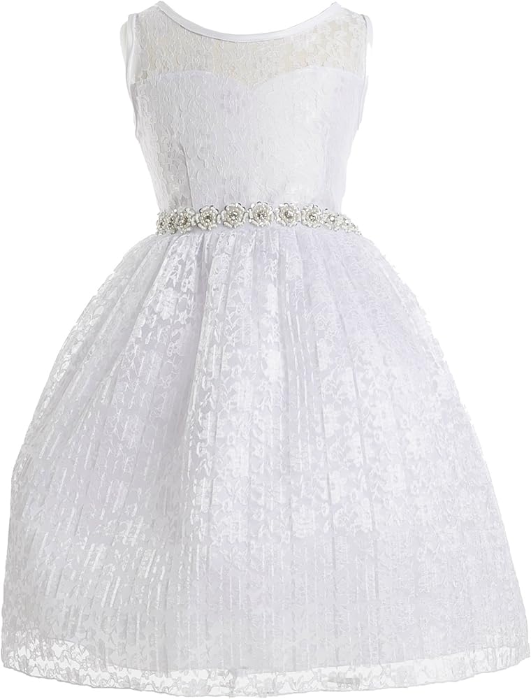 Sweetheart Illusion Neckline Lace Overlay Pleated Rhinestones Flower Girl Dress