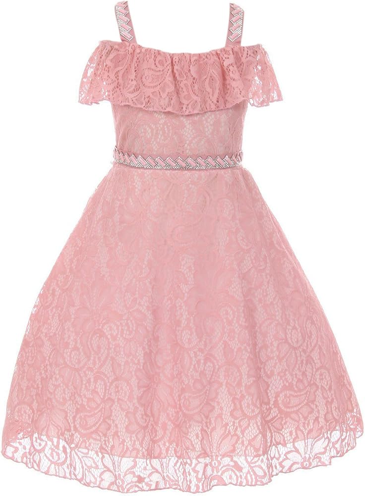 Little Girls Lace Rhinestones Strap Junior Bridesmaid Dressy Flower Girl Dress