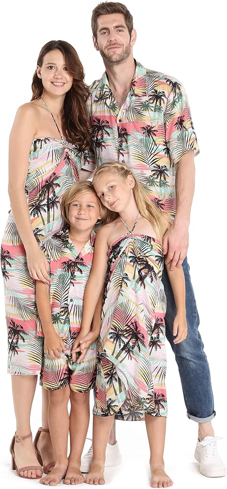 Matchable Family Hawaiian Luau Men Women Girl Boy Clothes in Neon Sunset Pink