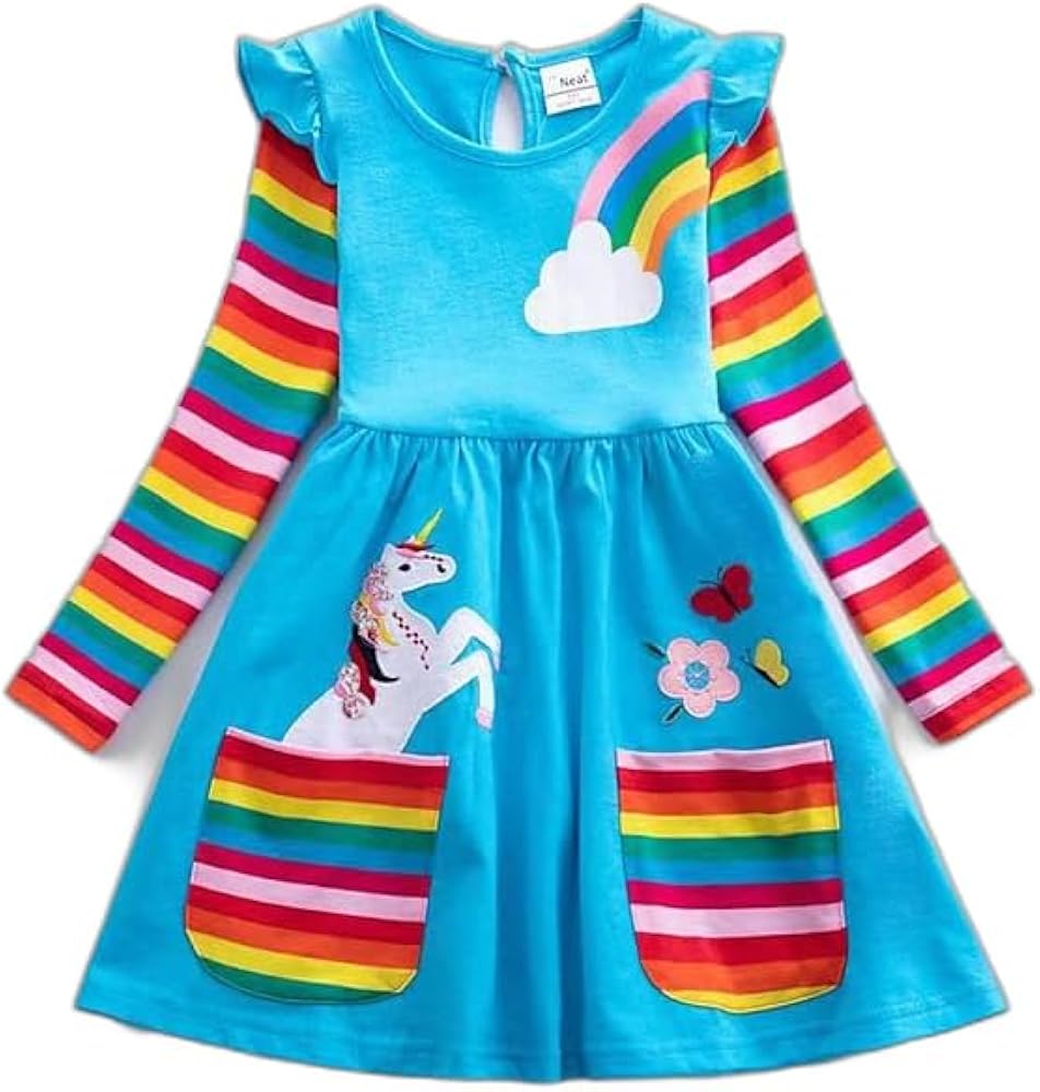 Kids Little Girls' Dress Unicorn Rainbow Flower/Floral Animal T Shirt Dress Tee Blue 7-8 Years