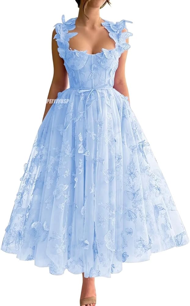 Women's Tulle Prom Dresses Long 3D Butterfly Spaghetti Straps Homecoming Dresses with Slit Tea Length Party Dress