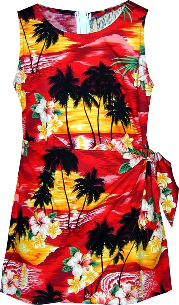 Pacific Legend Girls Brilliant Hawaiian Island Sunset Sarong Dress Red 4