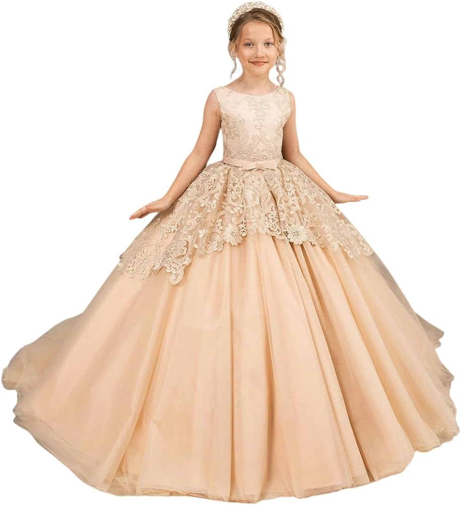 Tulle Flower Girl Dress for Wedding Lace Appliques Embroidered Princess Pageant Dresses Birthday Party Dresses