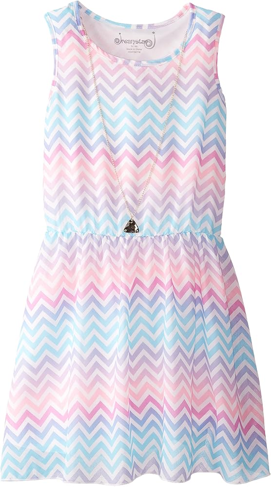 Dream Star Big Girls' Chiffon Chevron Print Blouson Dress with Necklace