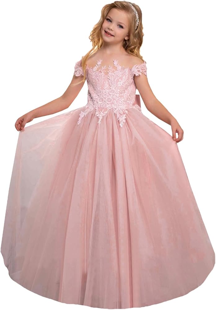 Off Shoulder Flower Girls Dress Lace Appliques for Wedding Tulle Prom Ball Gown with Bow