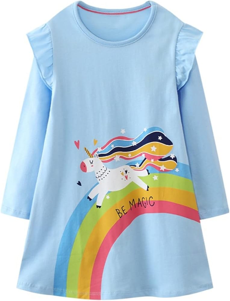 Toddler Girl Long Sleeve Dress Cotton Casual Ruffle Winter Clothes Sky Blue Rainbow Unicorn Dresses 2T