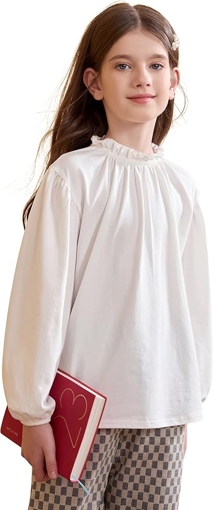 maoo garden Girls Long Sleeve Blouse Ruffle Cotton Button Down Uniform Dress Shirts