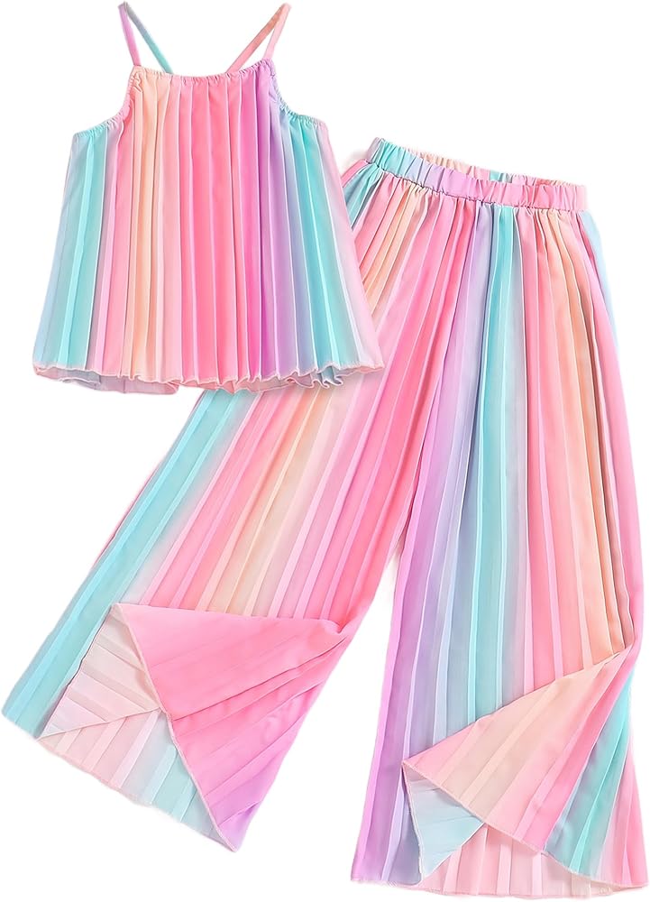 Hilinker Girls Rainbow Pleated Cami Top and Wide Leg Pants Set Cute 2 Piece Summer Outfits