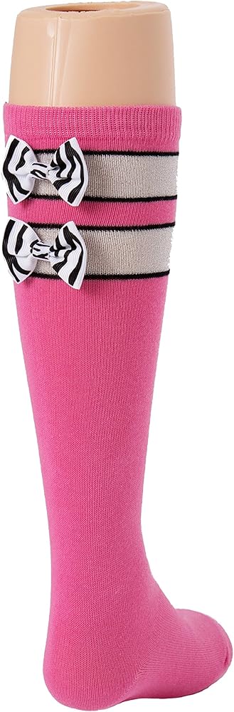 Pink Girls Sports Socks Pink, Black and Silver with Zebra Print Bow Kids Size 9-2.5, Soccer, Volleyball, Softball, Field Hockey