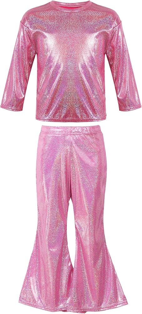 2PCS Kids Girls Boys Sequins Metallic Hip Hop Jazz Dancewear Long/Short Sleeve T-Shirt with Flared Pants Set Rose 5-6 Years