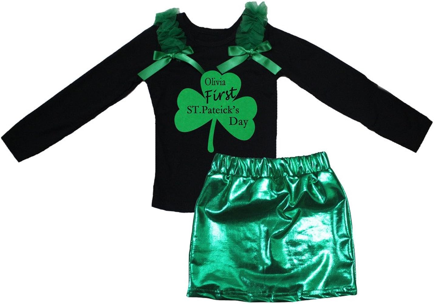 Petitebella Named First St. Patrick's Day Black L/s Shirt Green Skirt Set 1-8y