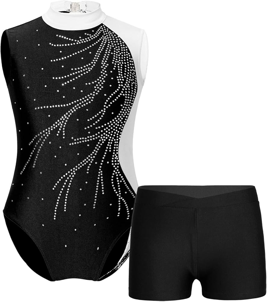 Kids Girls Rhinestone 2Pcs Dance Outfits Sleeveless Gymnastics Leotard with Sports Shorts Athletic Tracksuit Activewear