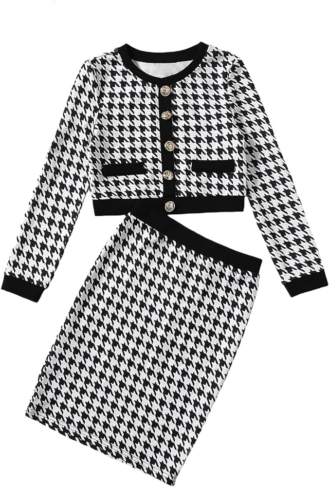 WDIRARA Girl's 2 Piece Outfits Houndstooth Button Front Long Sleeve Jacket and Skirt Set