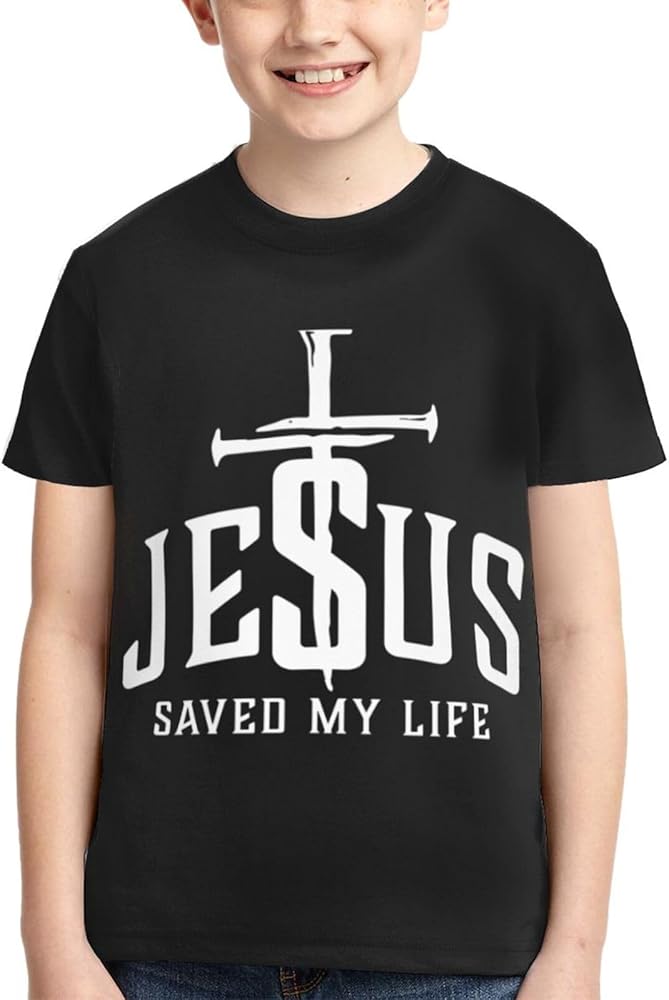 Christian Jesus Saved My Life Cross Boys Girls Shirts Kids Short Sleeve Classic Crewneck Top Tee