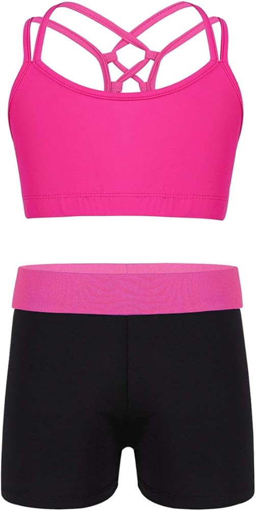 iiniim Kids Girls Sports Bra Criss Cross Back Tanks Tops With Shorts Bottom for Gymnastic Fitness Workout Rose_Red 14