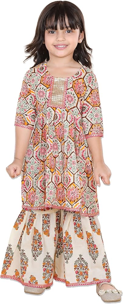 ADIVA Girls Block Print Kurta With Sharara Set (,)