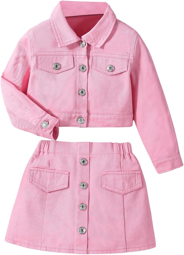 WDIRARA Girl's 2 Piece Outfits Button Front Long Sleeve Denim Jacket and A Line Skirt Set