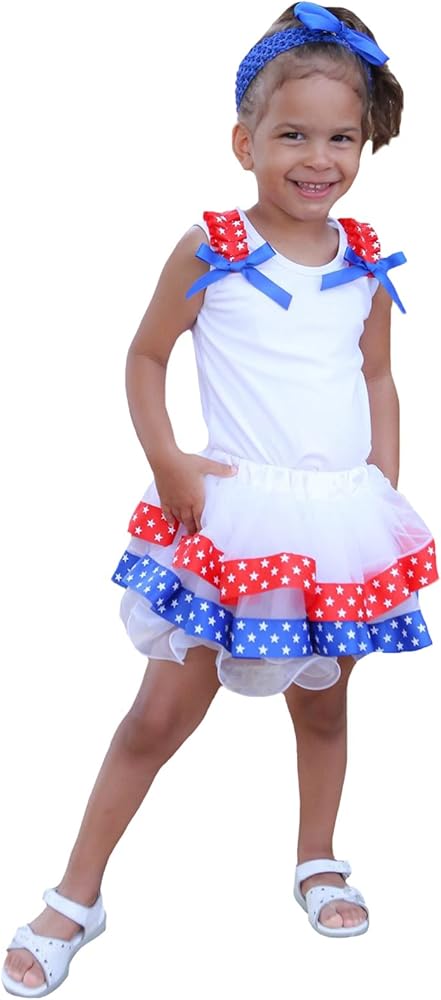 Petitebella 4th July White Shirt Stars Red Blue Petal Skirt Headband Set Nb-8y