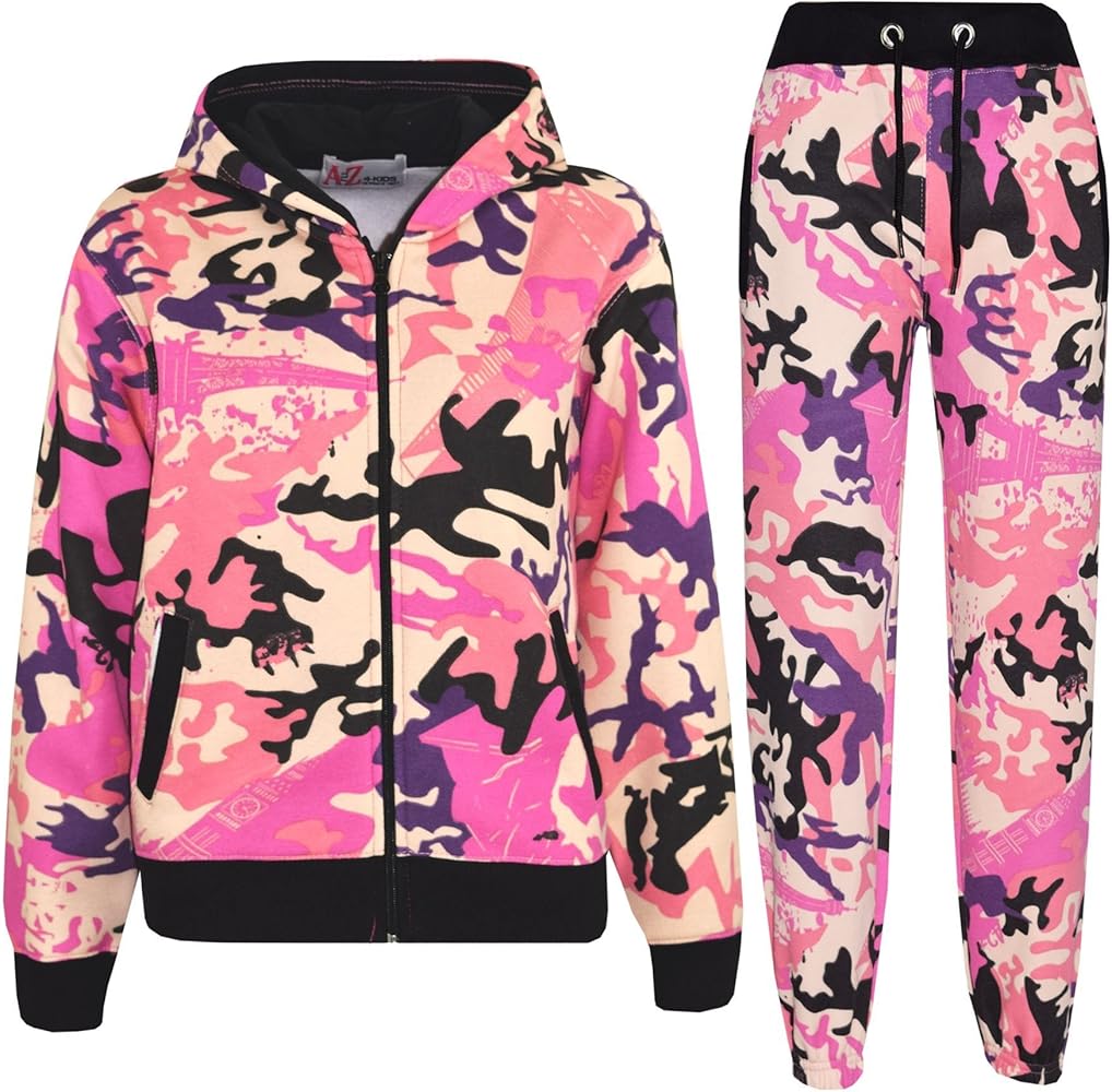 Boys Girls Tracksuit Kids Baby Pink Camouflage Jogging Suit Top Bottom 5-13 Year