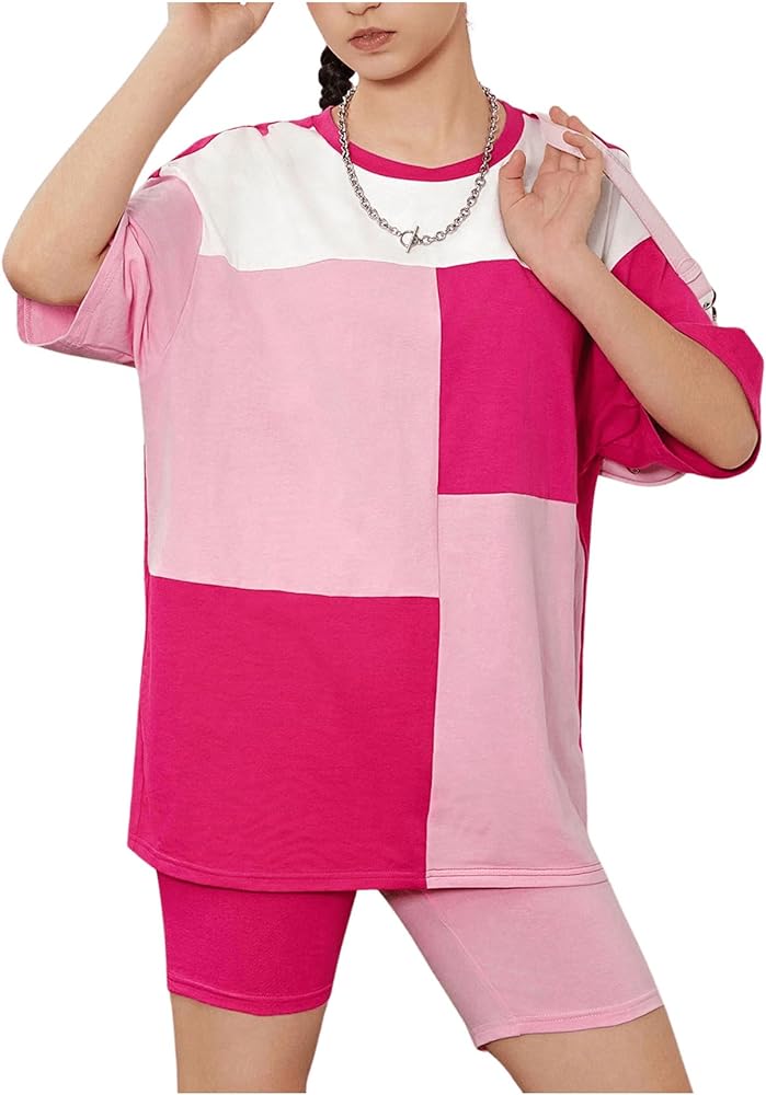 Floerns Girl's Colorblock Half Sleeve Tee Shirt with Biker Shorts Two Piece Outfit