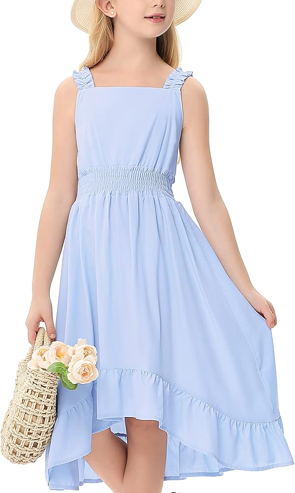 Girls Sundress Casual Summer Square Neck A-line Elastic Waist High Low Ruffle Hem Midi Dress 3-12Y